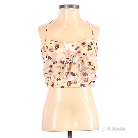 GIANNI BINI Floral Chiffon Spaghetti Strap Crop Top Tank Tie Front Cream XS - Picture 2 of 11